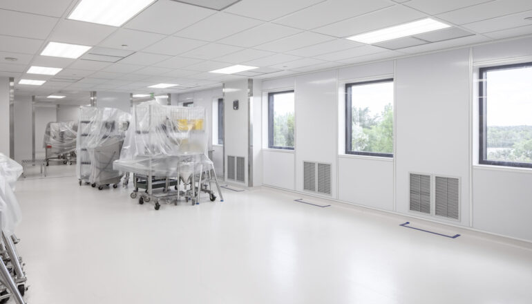 Lab equipment stored in a clean production facility.