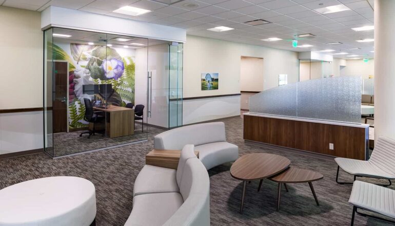 Clinic reception and waiting area with glass-walled consult room and curved seating.