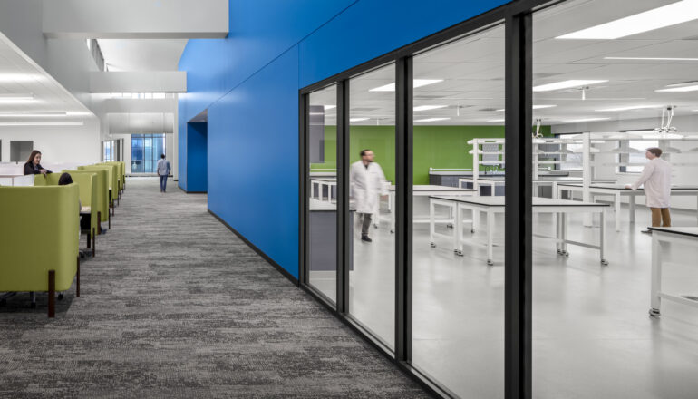 Windows from office spaces into a lab promote collaboration.