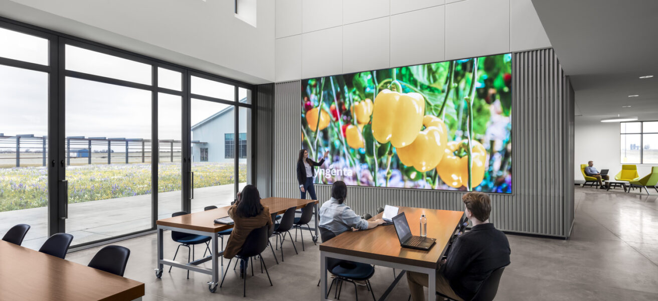 People utilize a large monitor for a presentation in a work cafe.