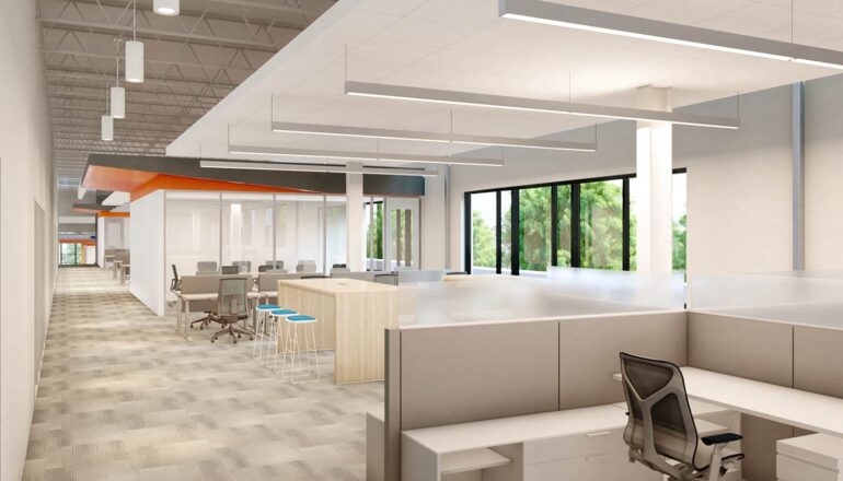 An open workstation neighborhood with drop-in collaboration bars and transparent conference rooms.