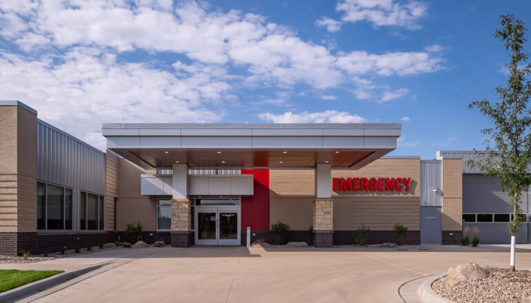Exterior view of the Emergency Department entry and canopy.