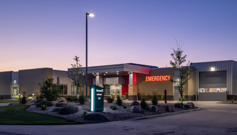 Overall dusk view of the Avera Missouri River campus.