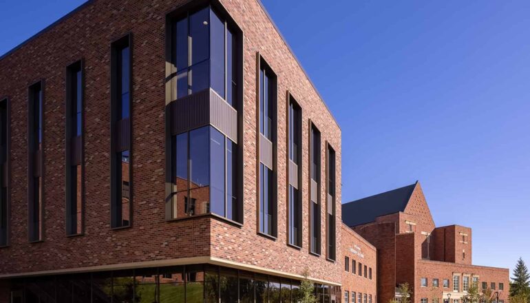 Exterior view showing how the science facility blends with the existing campus aesthetic.