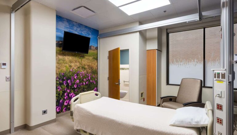 A burn unit room with wildflower wall mural and private bathroom.