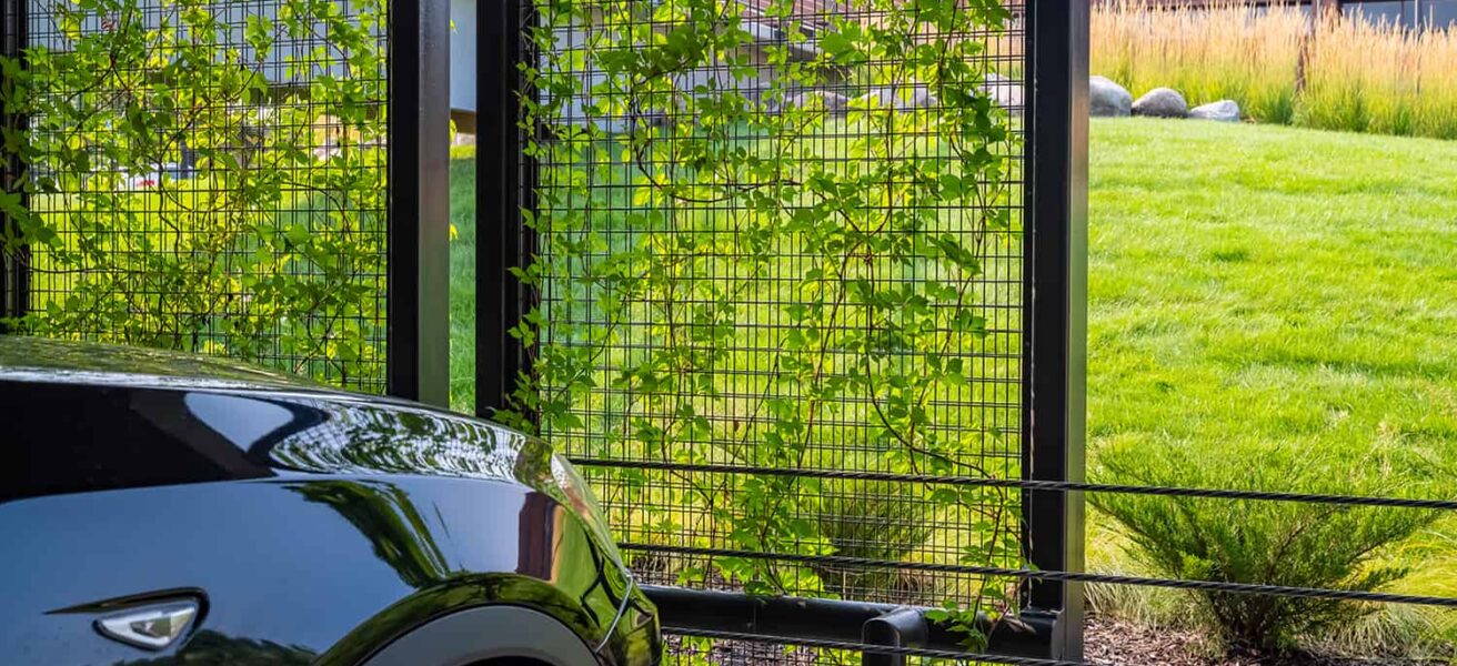 Detail photo of a car parked in the CHS ramp with views to the office building and landscaping elements.