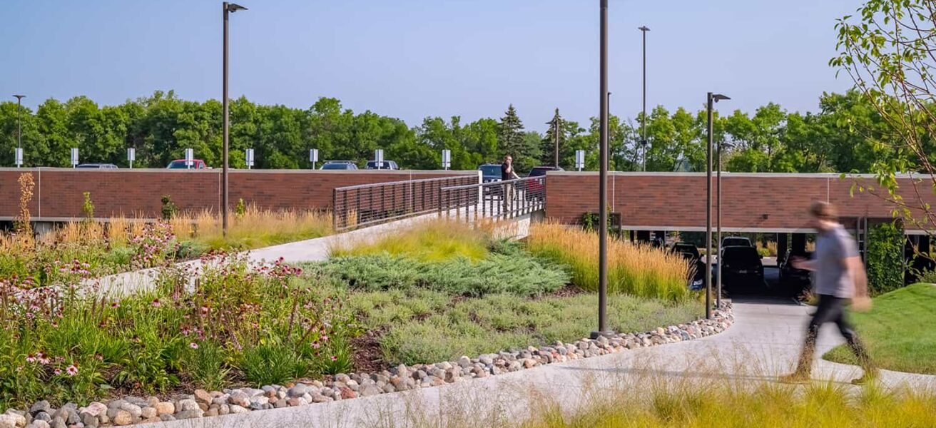 View from the pedestrian bridge to the CHS parking ramp.