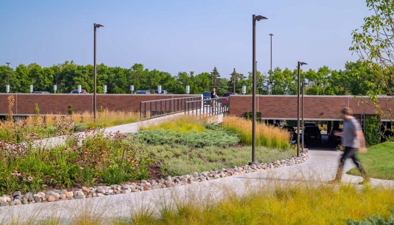 View from the pedestrian bridge to the CHS parking ramp.