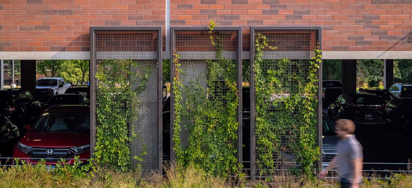 Detail photo of the pedestrian sidewalk with greenery on the CHS parking ramp.