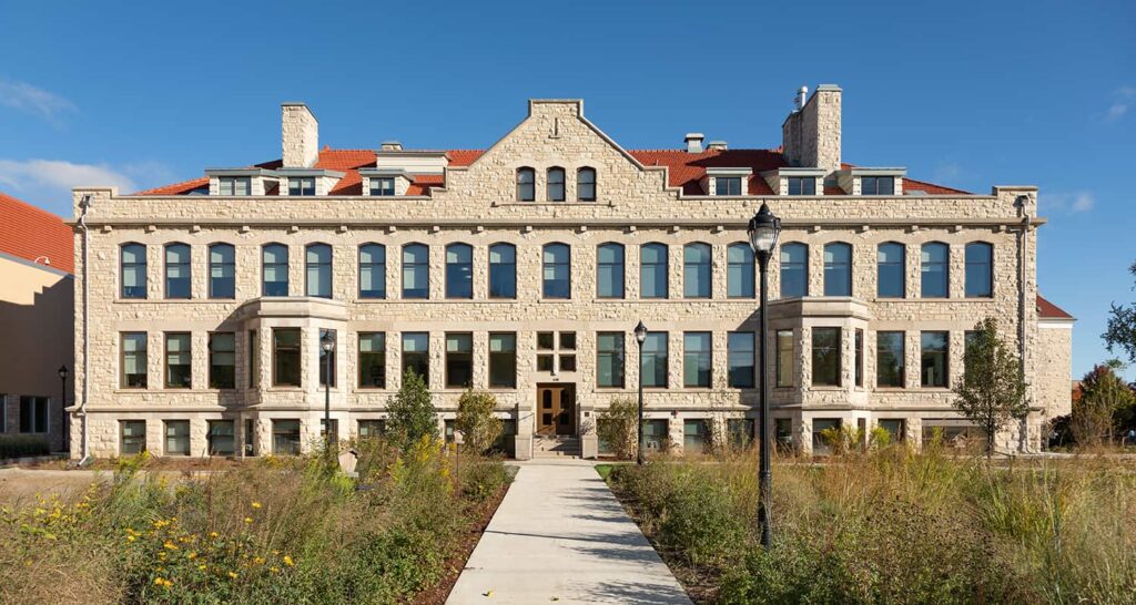 Exterior view of Rankin Hall and bioretention ponds.