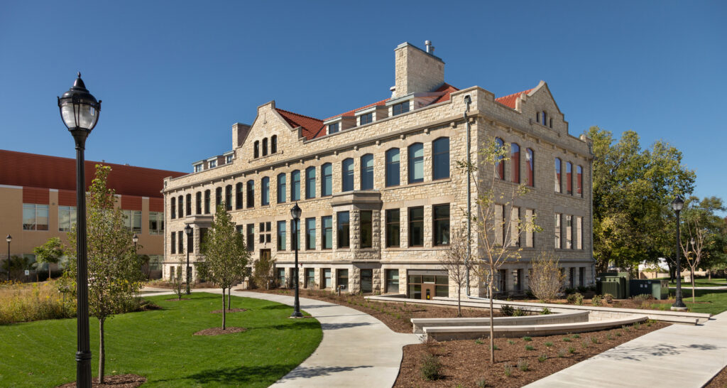 An exterior view showing the new accessible entry to the Carroll University Rankin Hall.