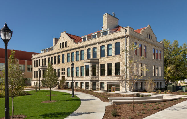 An exterior view showing the new accessible entry to the Carroll University Rankin Hall.