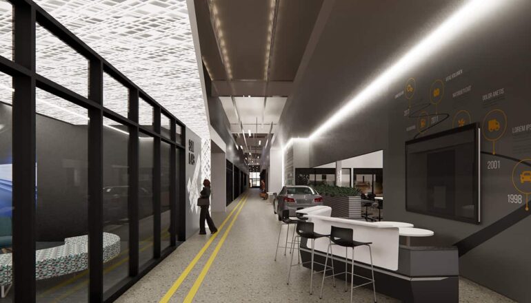 Rendering of a corridor with transportation themed wall graphics and breakout collaboration spaces.