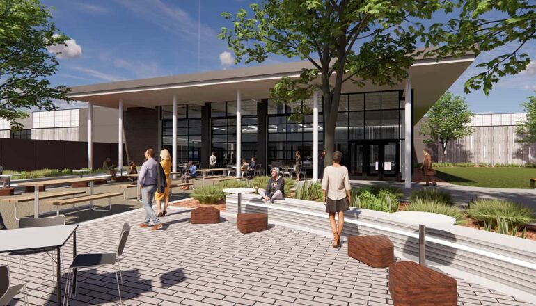 Rendering of the exterior plaza and entry into the Transportation Education Center.