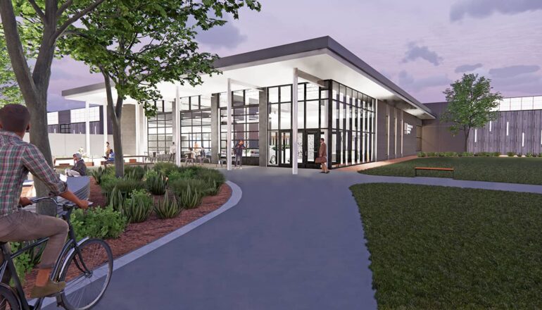Rendering of the exterior entry to the Transportation Education Center, with pedestrian paths.