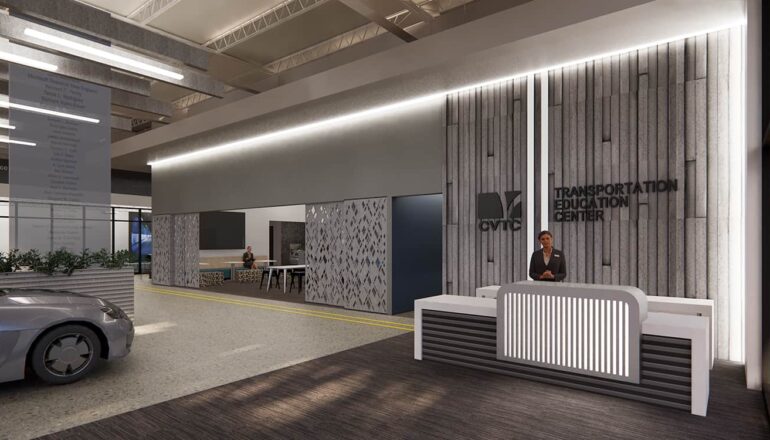 Rendering of the Transportation Education Center's lobby reception area, with automotive themed sculptural elements.
