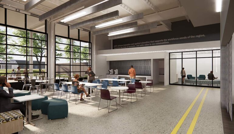 Rendering of the student gathering space in the lobby area, complete with garage door partitions.