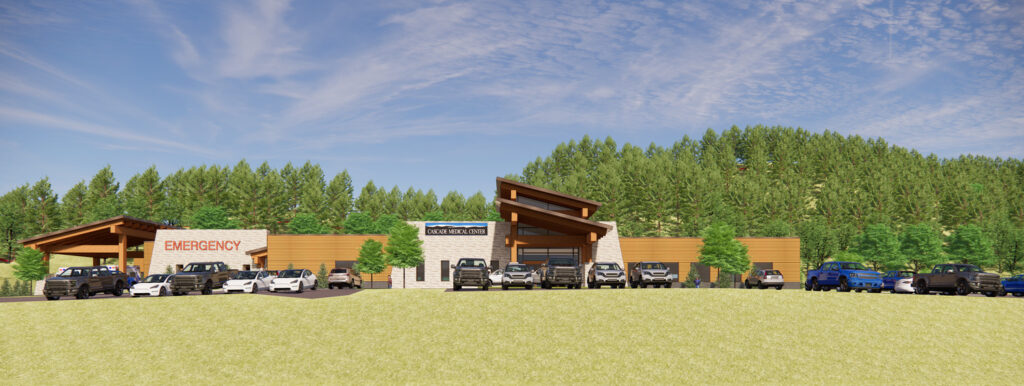 An exterior rendering showing the new Cascade Medical Center facility from the east.