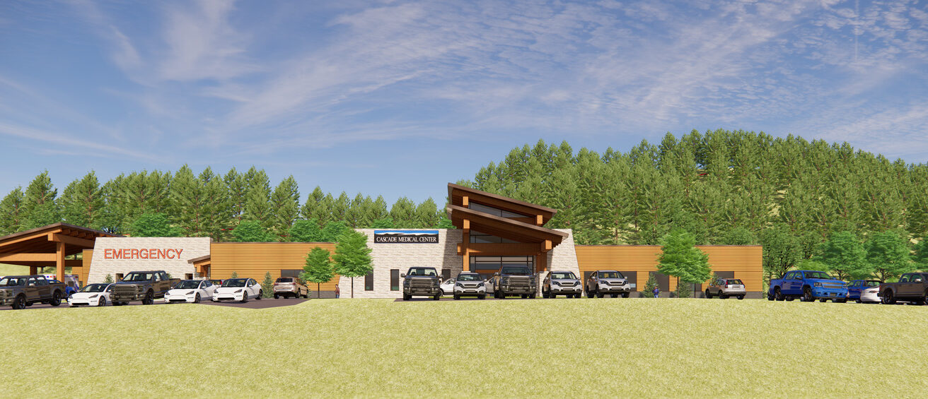 An exterior rendering showing the new Cascade Medical Center facility from the east.