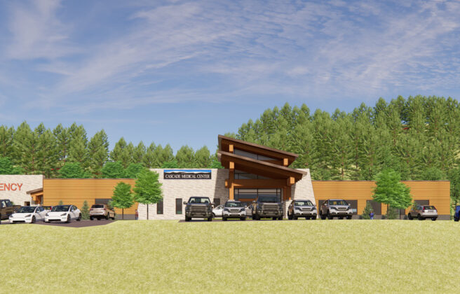 An exterior rendering showing the new Cascade Medical Center facility from the east.