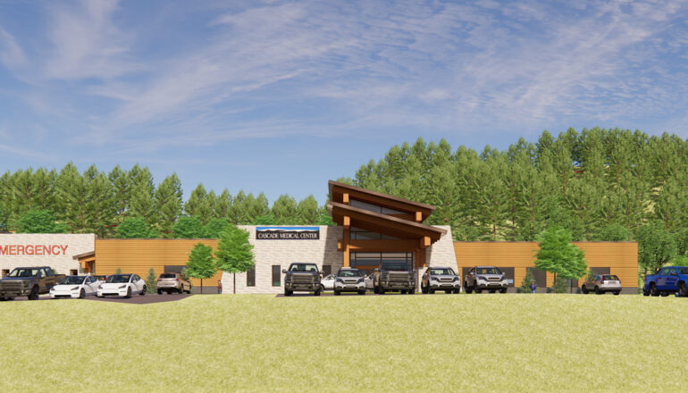 An exterior rendering showing the new Cascade Medical Center facility from the east.