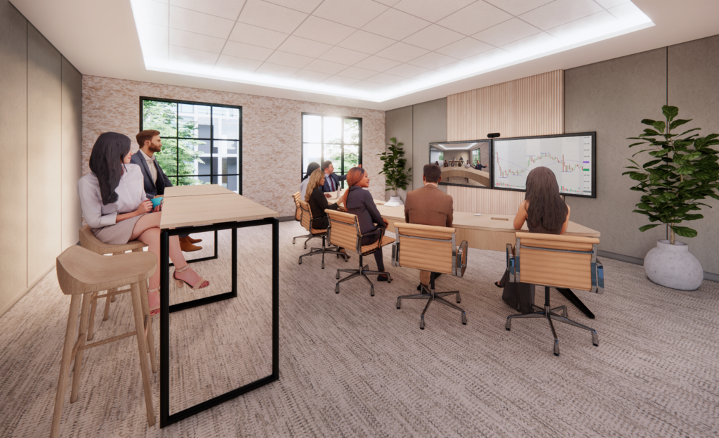 Rendering of people holding a meeting in a conference room.