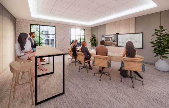 Rendering of people holding a meeting in a conference room.