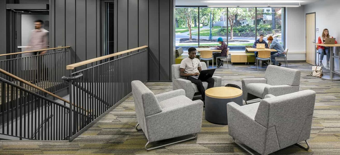 Open collaboration seating in the Science Hall's circulation.