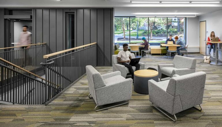 Open collaboration seating in the Science Hall's circulation.