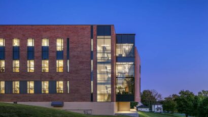 Exterior dusk view of Russell Science Center from the northwest.