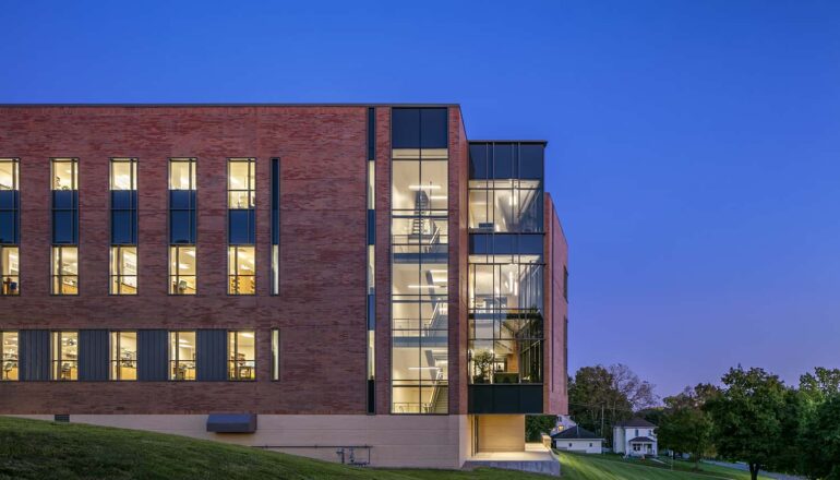 Exterior dusk view of Russell Science Center from the northwest.