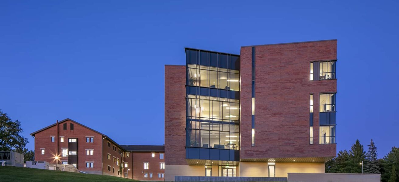 Exterior dusk view of Russell Science Center from the southwest.