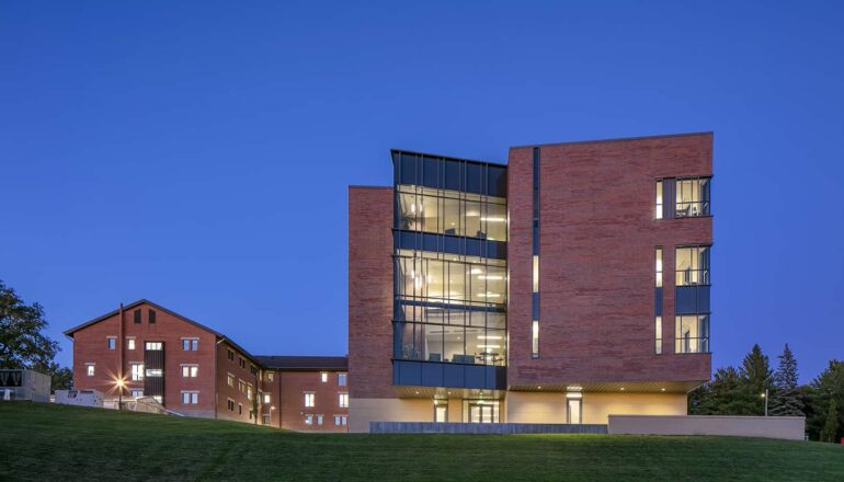 Exterior dusk view of Russell Science Center from the southwest.