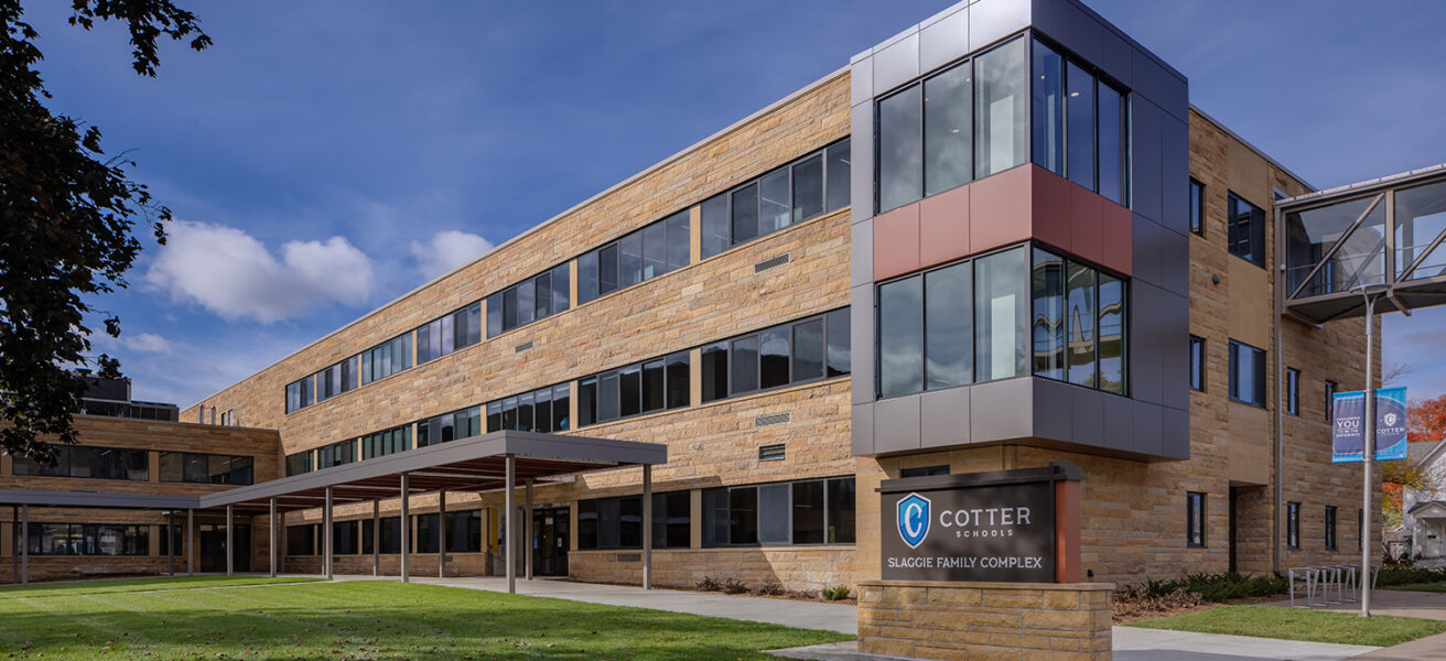 An exterior view of the entrance to the Cotter Schools renovated classroom building