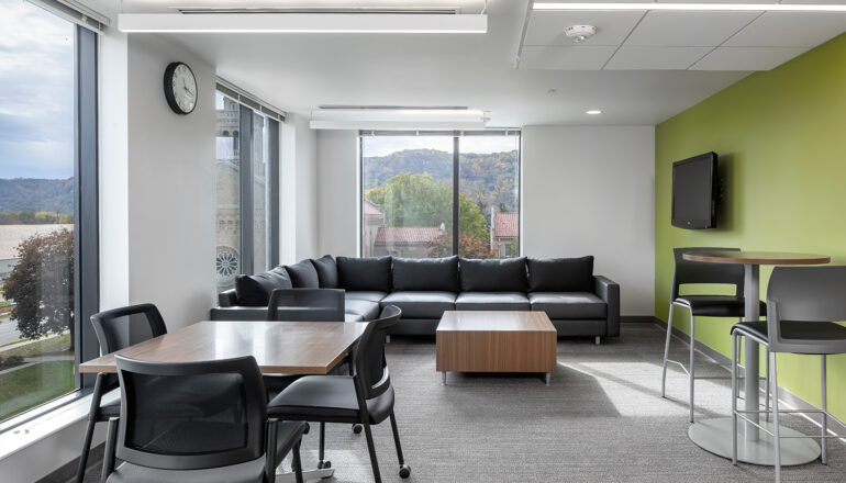 A corner study lounge offers views to the Cotter Schools campus