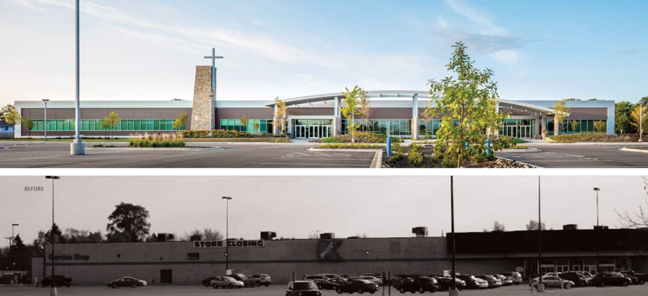 Before and after exterior comparisons of the Eagle Brook Church Anoka campus.