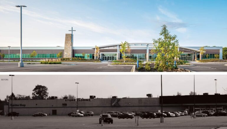 Before and after exterior comparisons of the Eagle Brook Church Anoka campus.