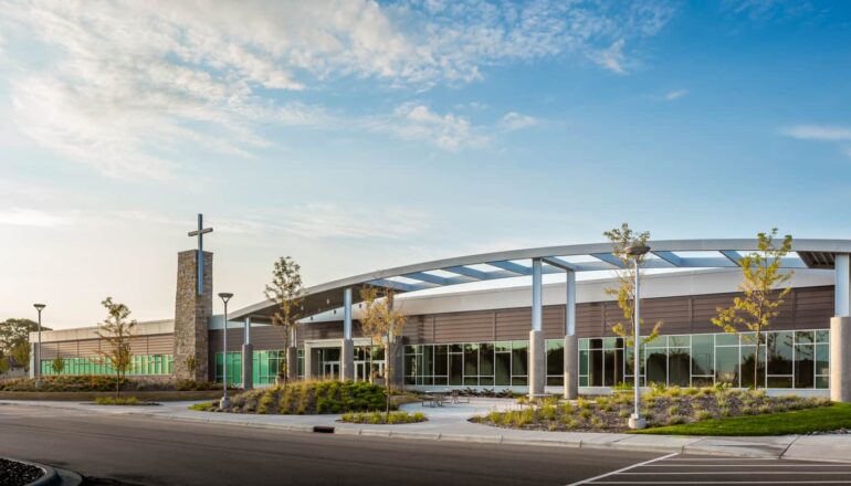 Exterior view of the entrance and gathering space for Eagle Brook Anoka.