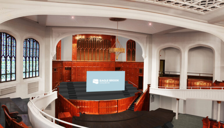 A rendering of the renovated EBC-Minneapolis worship space from the upper balcony.