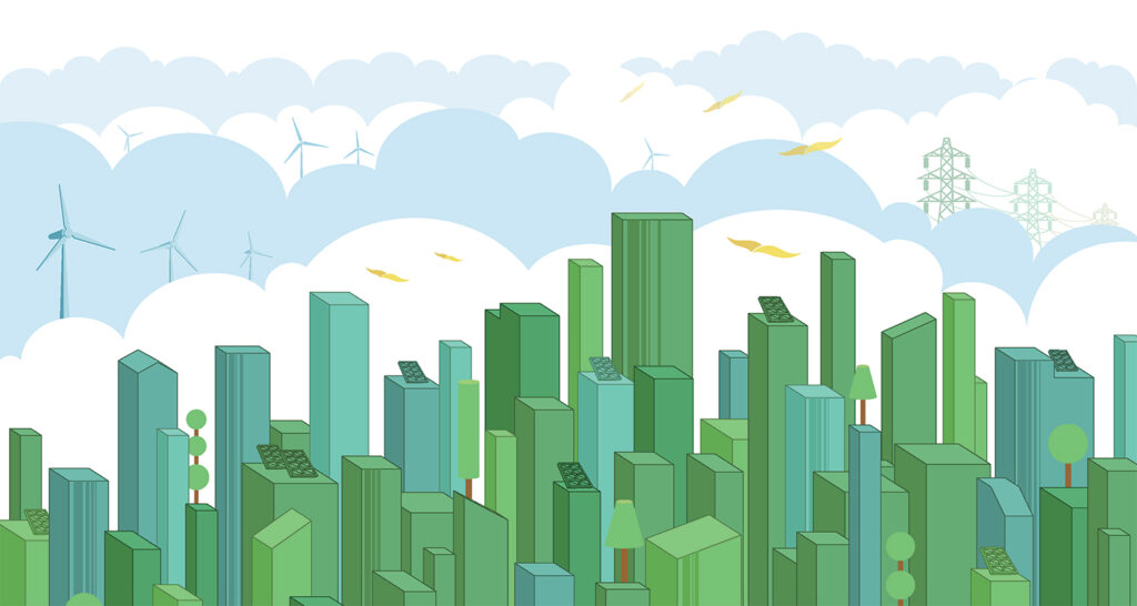 A creative illustration of green buildings overlooking clouds and various sustainable energy sources