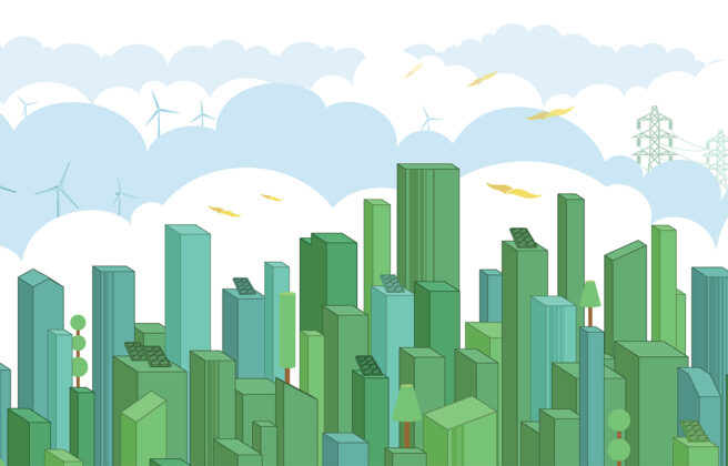 A creative illustration of green buildings overlooking clouds and various sustainable energy sources