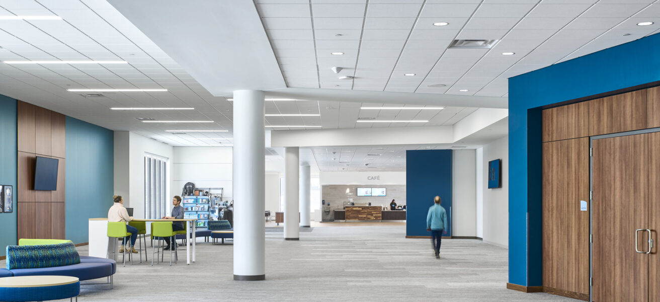 People walk through the expansive new lobby in the Eagle Brook Apple Valley church.