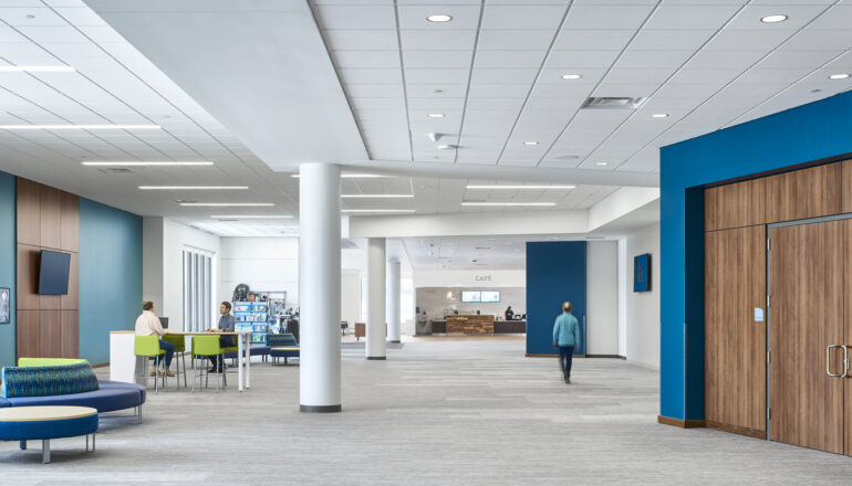 People walk through the expansive new lobby in the Eagle Brook Apple Valley church.