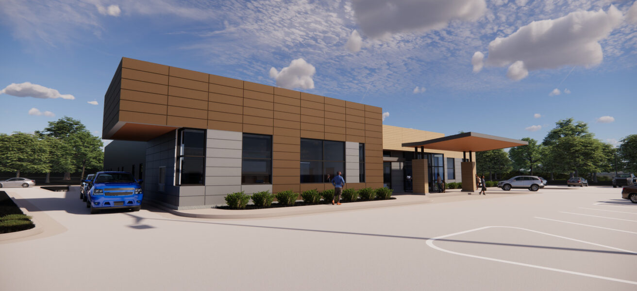 Exterior rendering of the clinic front entry.