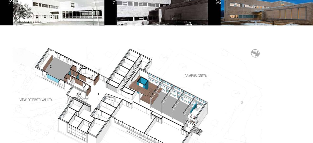 An axonometric floor plan accompanies historical photos to detail the history of Anderson Hall over decades.