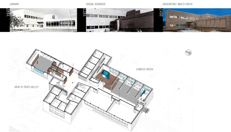An axonometric floor plan accompanies historical photos to detail the history of Anderson Hall over decades.