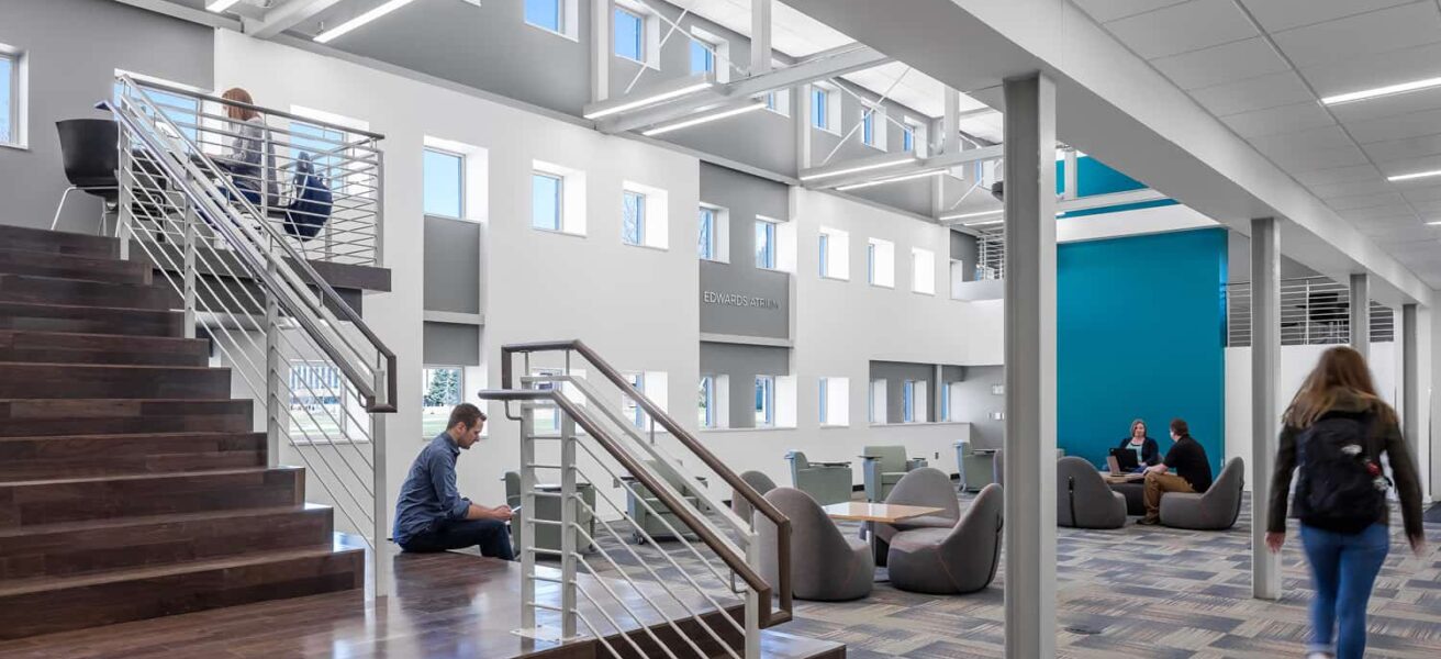 The entry to the collaborative study area, near the new staircase that leads to study nooks.