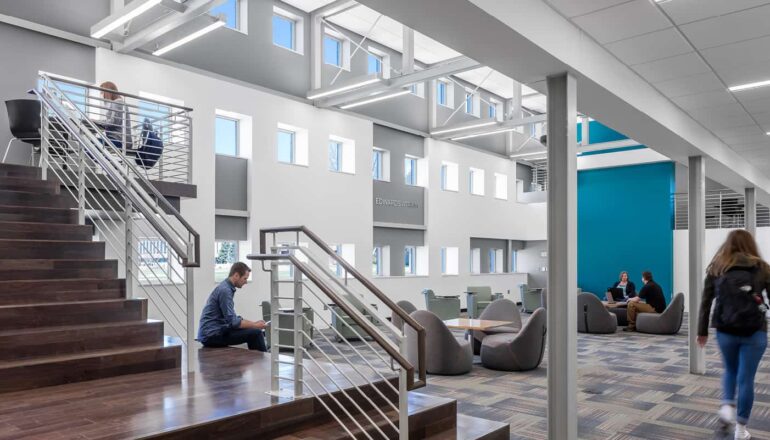 The entry to the collaborative study area, near the new staircase that leads to study nooks.