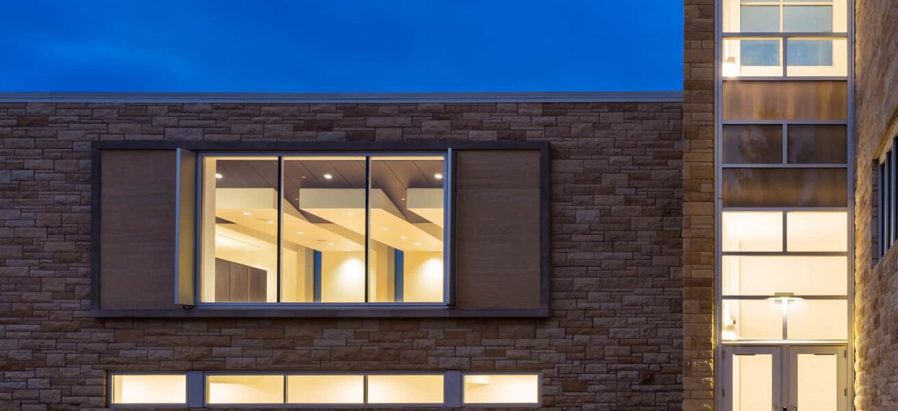 Exterior view at dusk into the multifaith worship center.