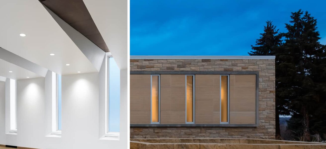 Two views of restored multifaith center windows.